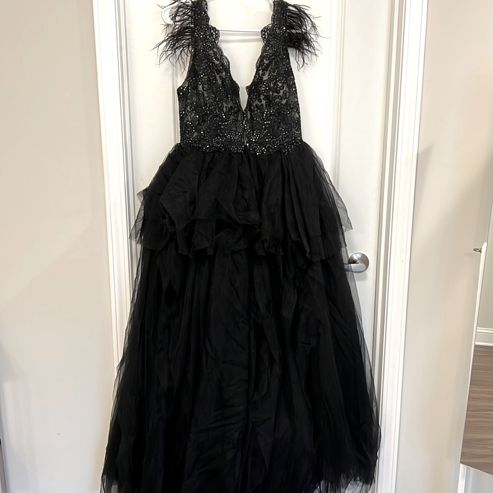 Black lace and feathered ball gown